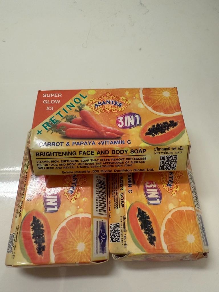 Asantee Papaya,Carrot & Herbal Lightening 3 in 1 Super Glow 3 Bars for Face&Body